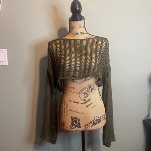 Womens Boho Open Knit Cool Girl Indie Festival Crop Top Sweater Green Large